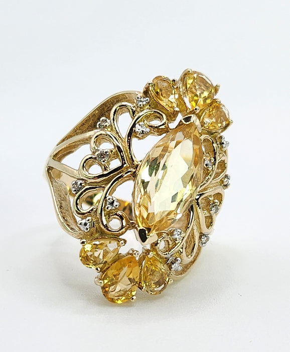 Vintage: Statement 9ct Gold Marquise Cut Yellow Citrine 14 Diamonds Openwork Ring — a fabulous, substantial and pretty piece