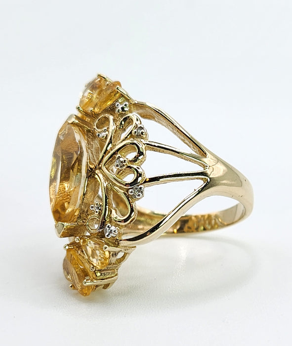 Vintage: Statement 9ct Gold Marquise Cut Yellow Citrine 14 Diamonds Openwork Ring — a fabulous, substantial and pretty piece