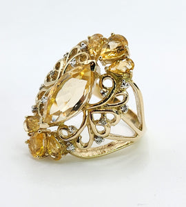 0404: Vintage: Statement 9ct Gold Marquise Cut Yellow Citrine 14 Diamonds Openwork Ring