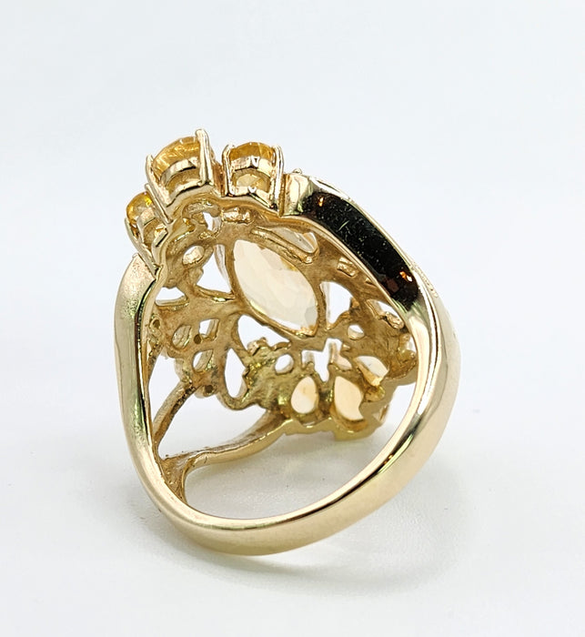 Vintage: Statement 9ct Gold Marquise Cut Yellow Citrine 14 Diamonds Openwork Ring — a fabulous, substantial and pretty piece