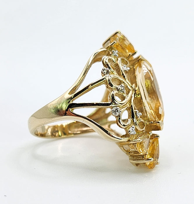 Vintage: Statement 9ct Gold Marquise Cut Yellow Citrine 14 Diamonds Openwork Ring — a fabulous, substantial and pretty piece