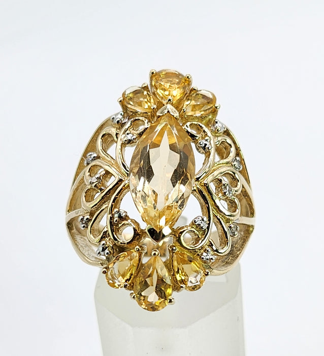 Vintage: Statement 9ct Gold Marquise Cut Yellow Citrine 14 Diamonds Openwork Ring — a fabulous, substantial and pretty piece