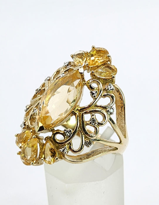 Vintage: Statement 9ct Gold Marquise Cut Yellow Citrine 14 Diamonds Openwork Ring — a fabulous, substantial and pretty piece