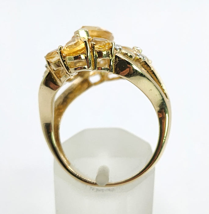Vintage: Statement 9ct Gold Marquise Cut Yellow Citrine 14 Diamonds Openwork Ring — a fabulous, substantial and pretty piece