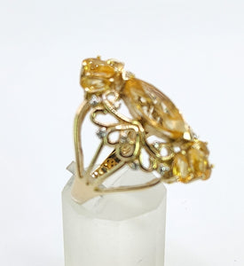 0404: Vintage: Statement 9ct Gold Marquise Cut Yellow Citrine 14 Diamonds Openwork Ring
