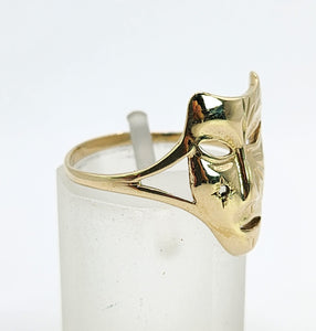 1336: Vintage: 9ct Gold "Theatrical Mask" Ring- a fun conversation piece.