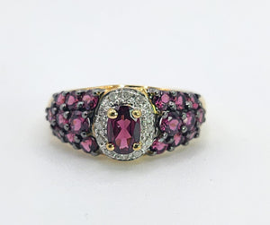 1600: Vintage; 9ct Gold Vibrant Rubellites Diamonds Cocktail Ring- a striking beauty