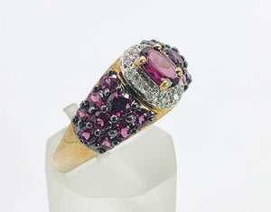 1600: Vintage; 9ct Gold Vibrant Rubellites Diamonds Cocktail Ring- a striking beauty