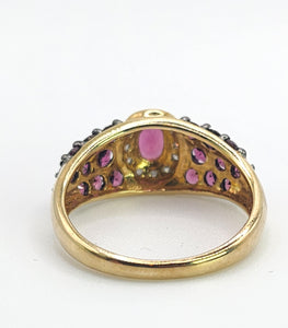 1600: Vintage; 9ct Gold Vibrant Rubellites Diamonds Cocktail Ring- a striking beauty