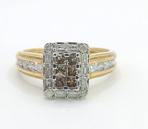 1612: Vintage: 9ct Yellow Gold Champagne & White Diamonds Geometric Set Ring- 28 natural, sparkling diamonds