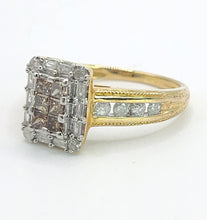 Load image into Gallery viewer, 1612: Vintage: 9ct Yellow Gold Champagne &amp; White Diamonds Geometric Set Ring- 28 natural, sparkling diamonds

