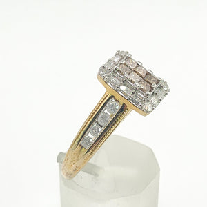 1612: Vintage: 9ct Yellow Gold Champagne & White Diamonds Geometric Set Ring- 28 natural, sparkling diamonds
