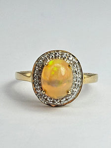1743: Vintage: 9ct Gold Fire Opal White Sapphires Cluster Ring- fantastic colours