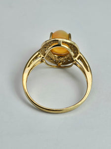 1743: Vintage: 9ct Gold Fire Opal White Sapphires Cluster Ring- fantastic colours