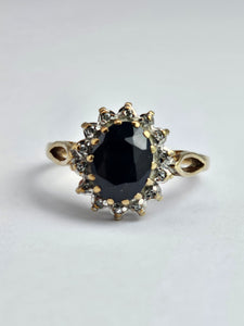 1744: Vintage: 9ct Gold Blue Sapphire 14 Diamonds Diana Cluster Ring- From 1982