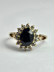 1744: Vintage: 9ct Gold Blue Sapphire 14 Diamonds Diana Cluster Ring- From 1982