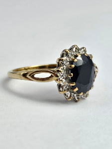 1744: Vintage: 9ct Gold Blue Sapphire 14 Diamonds Diana Cluster Ring- From 1982