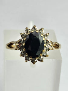 1744: Vintage: 9ct Gold Blue Sapphire 14 Diamonds Diana Cluster Ring- From 1982