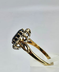 1744: Vintage: 9ct Gold Blue Sapphire 14 Diamonds Diana Cluster Ring- From 1982
