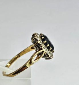 1744: Vintage: 9ct Gold Blue Sapphire 14 Diamonds Diana Cluster Ring- From 1982