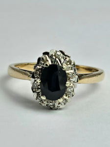 1745: Vintage: 9ct Gold French Blue Sapphire Diamonds Cluster Ring- From 1975
