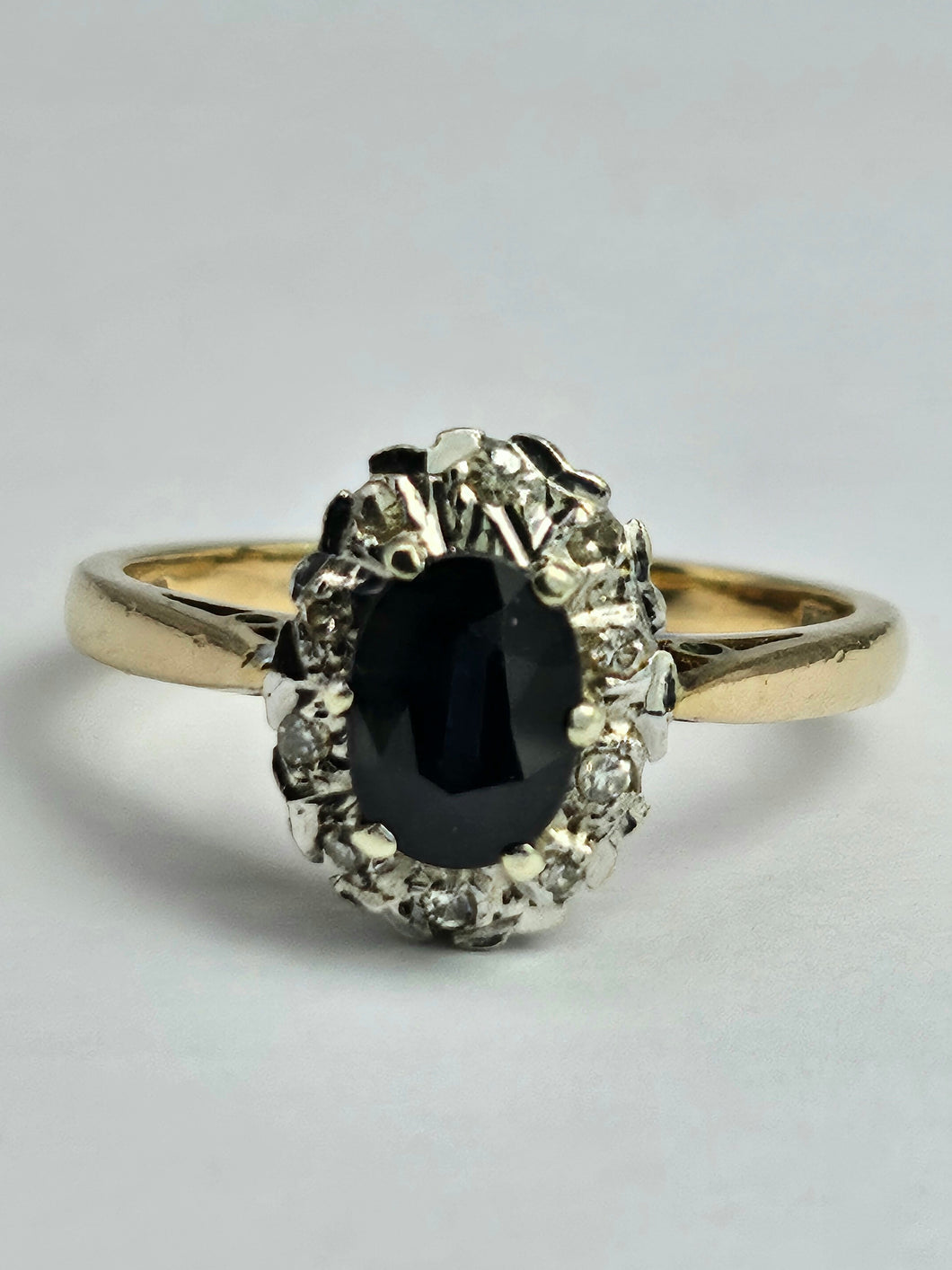 1745: Vintage: 9ct Gold French Blue Sapphire Diamonds Cluster Ring- From 1975
