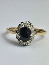 Cargar imagen en el visor de la galería, 1745: Vintage: 9ct Gold French Blue Sapphire Diamonds Cluster Ring- From 1975
