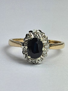 1745: Vintage: 9ct Gold French Blue Sapphire Diamonds Cluster Ring- From 1975