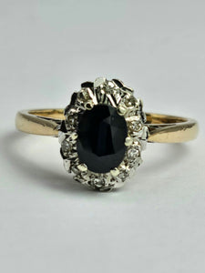 1745: Vintage: 9ct Gold French Blue Sapphire Diamonds Cluster Ring- From 1975