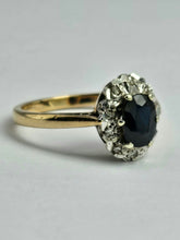Cargar imagen en el visor de la galería, 1745: Vintage: 9ct Gold French Blue Sapphire Diamonds Cluster Ring- From 1975
