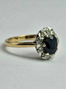 1745: Vintage: 9ct Gold French Blue Sapphire Diamonds Cluster Ring- From 1975