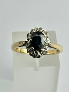 1745: Vintage: 9ct Gold French Blue Sapphire Diamonds Cluster Ring- From 1975