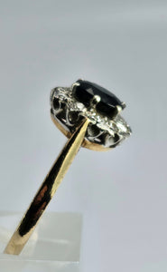 1745: Vintage: 9ct Gold French Blue Sapphire Diamonds Cluster Ring- From 1975