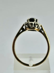 1745: Vintage: 9ct Gold French Blue Sapphire Diamonds Cluster Ring- From 1975