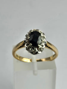 1745: Vintage: 9ct Gold French Blue Sapphire Diamonds Cluster Ring- From 1975