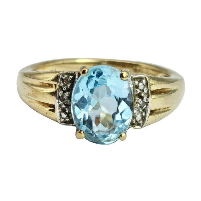 Vintage: 9ct Yellow Gold Swiss Blue Topaz & Diamond Cocktail Ring