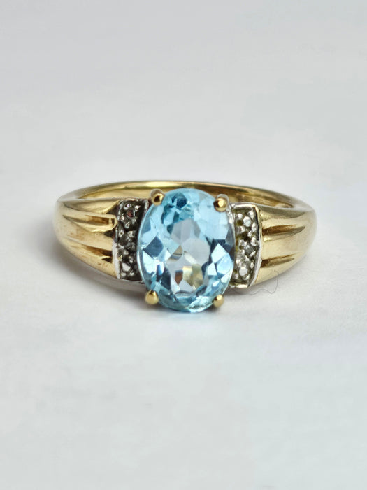 Vintage: 9ct Yellow Gold Swiss Blue Topaz & Diamond Cocktail Ring
