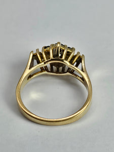 1377: Vintage: 9ct Gold Blue Sapphires Diamonds Flowerhead Ring- From 1975