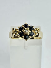 Load image into Gallery viewer, 1377: Vintage: 9ct Gold Blue Sapphires Diamonds Flowerhead Ring- From 1975
