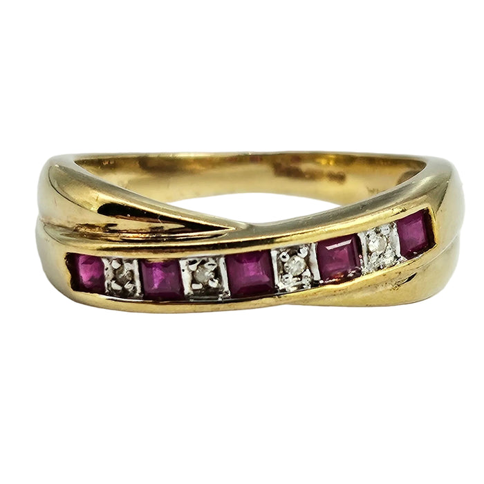 Vintage: 9ct Gold Ruby & Diamond Crossover Dress Ring