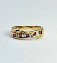 Load image into Gallery viewer, 1380: Vintage: 9ct Gold Rubies Diamonds Crossover Ring- sparkling symmetry
