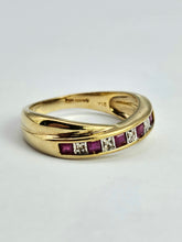Load image into Gallery viewer, 1380: Vintage: 9ct Gold Rubies Diamonds Crossover Ring- sparkling symmetry
