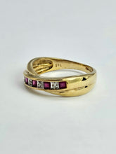Load image into Gallery viewer, 1380: Vintage: 9ct Gold Rubies Diamonds Crossover Ring- sparkling symmetry
