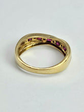 Load image into Gallery viewer, 1380: Vintage: 9ct Gold Rubies Diamonds Crossover Ring- sparkling symmetry
