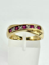 Load image into Gallery viewer, 1380: Vintage: 9ct Gold Rubies Diamonds Crossover Ring- sparkling symmetry
