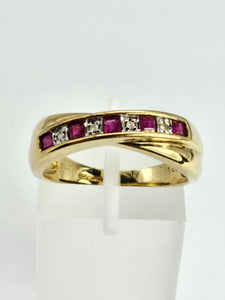 1380: Vintage: 9ct Gold Rubies Diamonds Crossover Ring- sparkling symmetry