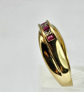 1380: Vintage: 9ct Gold Rubies Diamonds Crossover Ring- sparkling symmetry