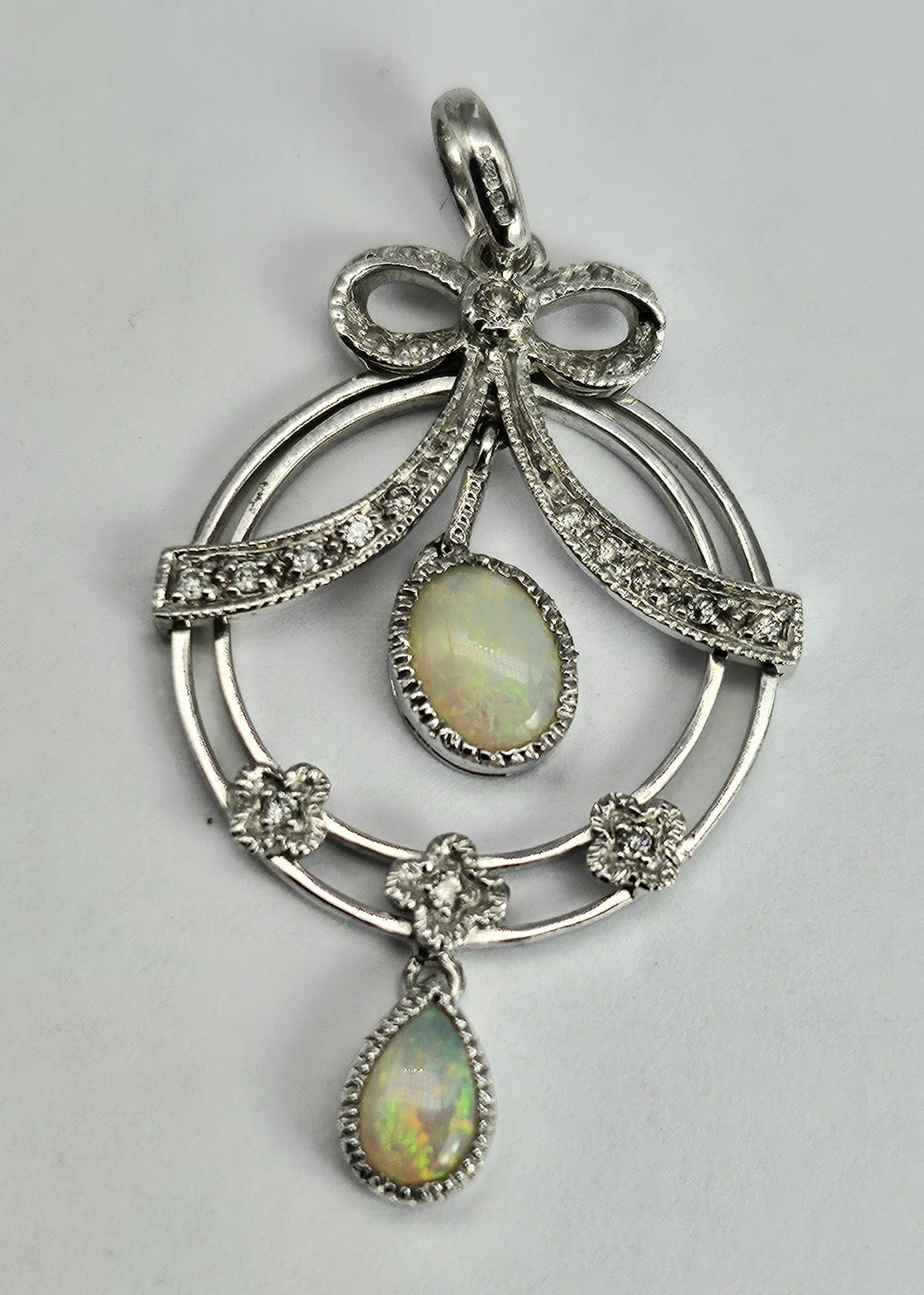 1740: Vintage: 9ct Gold White Opals Diamonds Pendulum Pendant- crisp, colourful, eye-candy