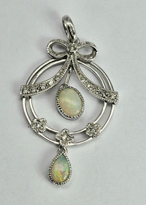 1740: Vintage: 9ct Gold White Opals Diamonds Pendulum Pendant- crisp, colourful, eye-candy