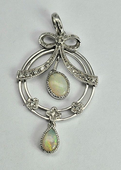 1740: Vintage: 9ct Gold White Opals Diamonds Pendulum Pendant- crisp, colourful, eye-candy